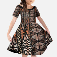 Malo e lelei Tonga Family Matching Off Shoulder Maxi Dress and Hawaiian Shirt Tongan Ngatu Vintage Brown LT14 Daughter's Dress Brown - Polynesian Pride