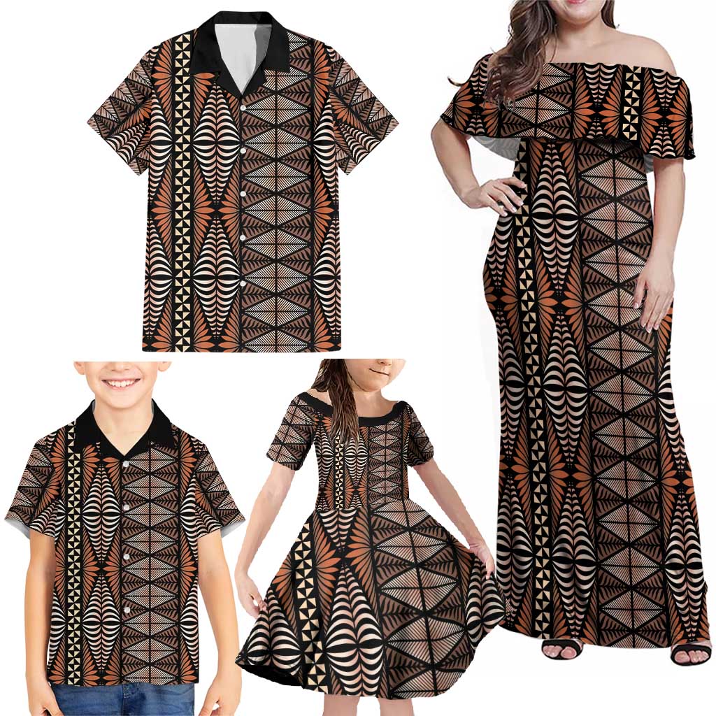 Malo e lelei Tonga Family Matching Off Shoulder Maxi Dress and Hawaiian Shirt Tongan Ngatu Vintage Brown LT14 - Polynesian Pride