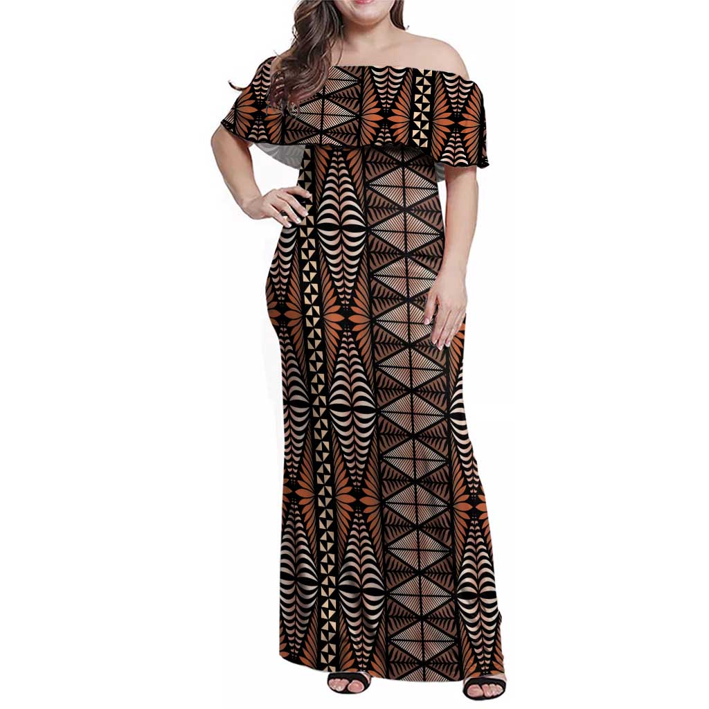 Malo e lelei Tonga Family Matching Off Shoulder Maxi Dress and Hawaiian Shirt Tongan Ngatu Vintage Brown LT14 Mom's Dress Brown - Polynesian Pride
