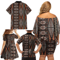 Malo e lelei Tonga Family Matching Off Shoulder Short Dress and Hawaiian Shirt Tongan Ngatu Vintage Brown LT14 - Polynesian Pride