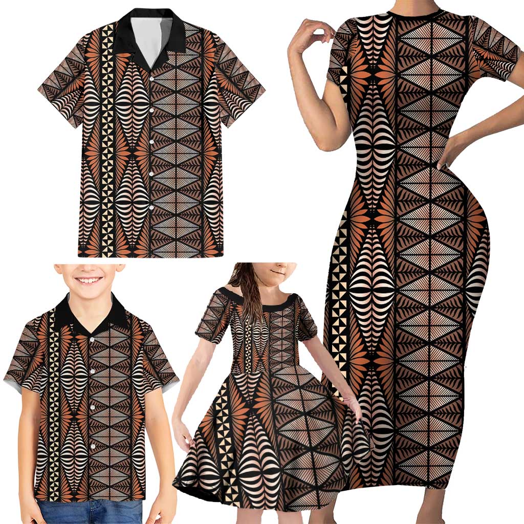 Malo e lelei Tonga Family Matching Short Sleeve Bodycon Dress and Hawaiian Shirt Tongan Ngatu Vintage Brown LT14 - Polynesian Pride