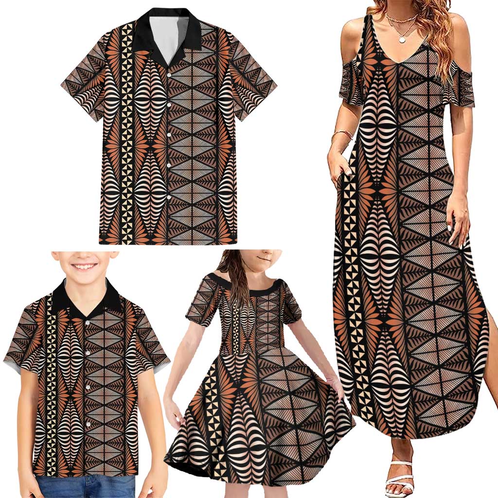 Malo e lelei Tonga Family Matching Summer Maxi Dress and Hawaiian Shirt Tongan Ngatu Vintage Brown LT14 - Polynesian Pride