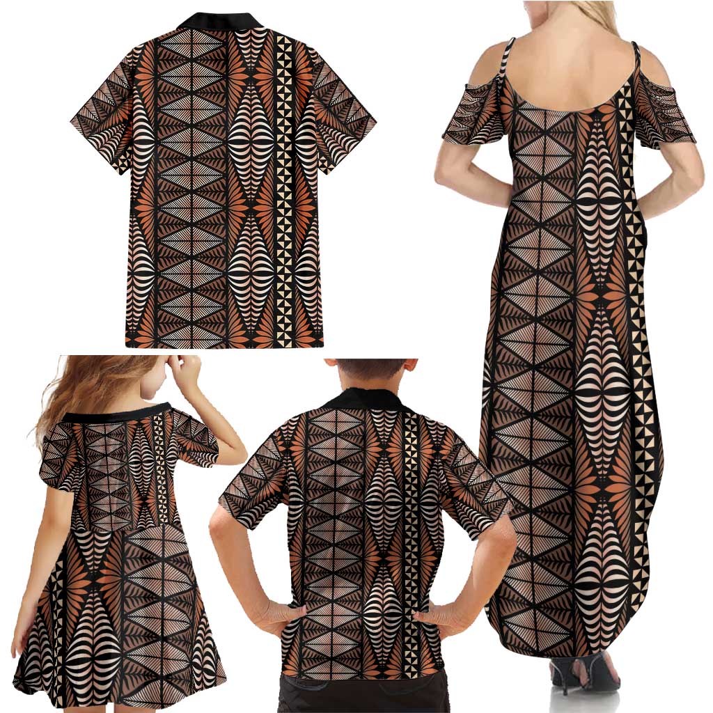 Malo e lelei Tonga Family Matching Summer Maxi Dress and Hawaiian Shirt Tongan Ngatu Vintage Brown LT14 - Polynesian Pride