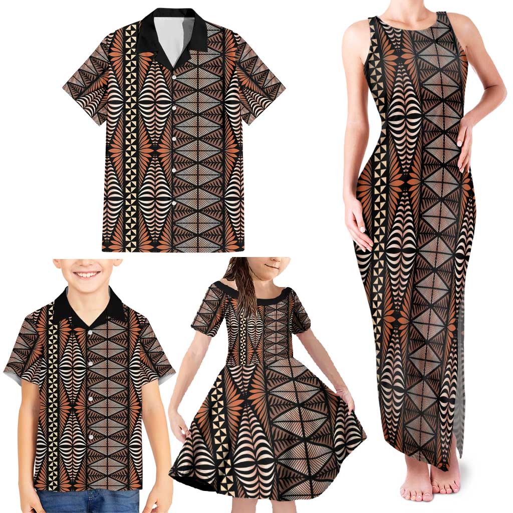 Malo e lelei Tonga Family Matching Tank Maxi Dress and Hawaiian Shirt Tongan Ngatu Vintage Brown - Polynesian Pride