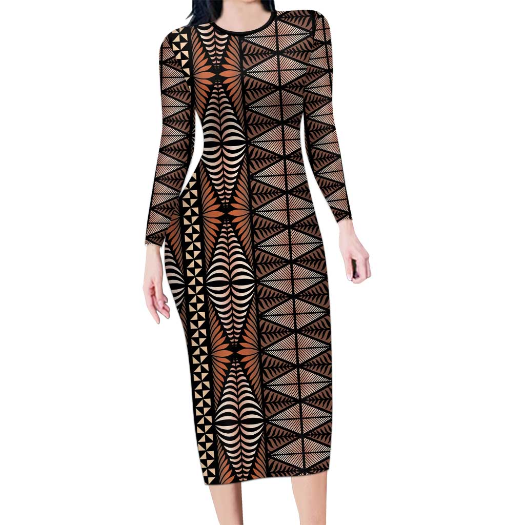 Malo e lelei Tonga Long Sleeve Bodycon Dress Tongan Ngatu Vintage Brown - Polynesian Pride