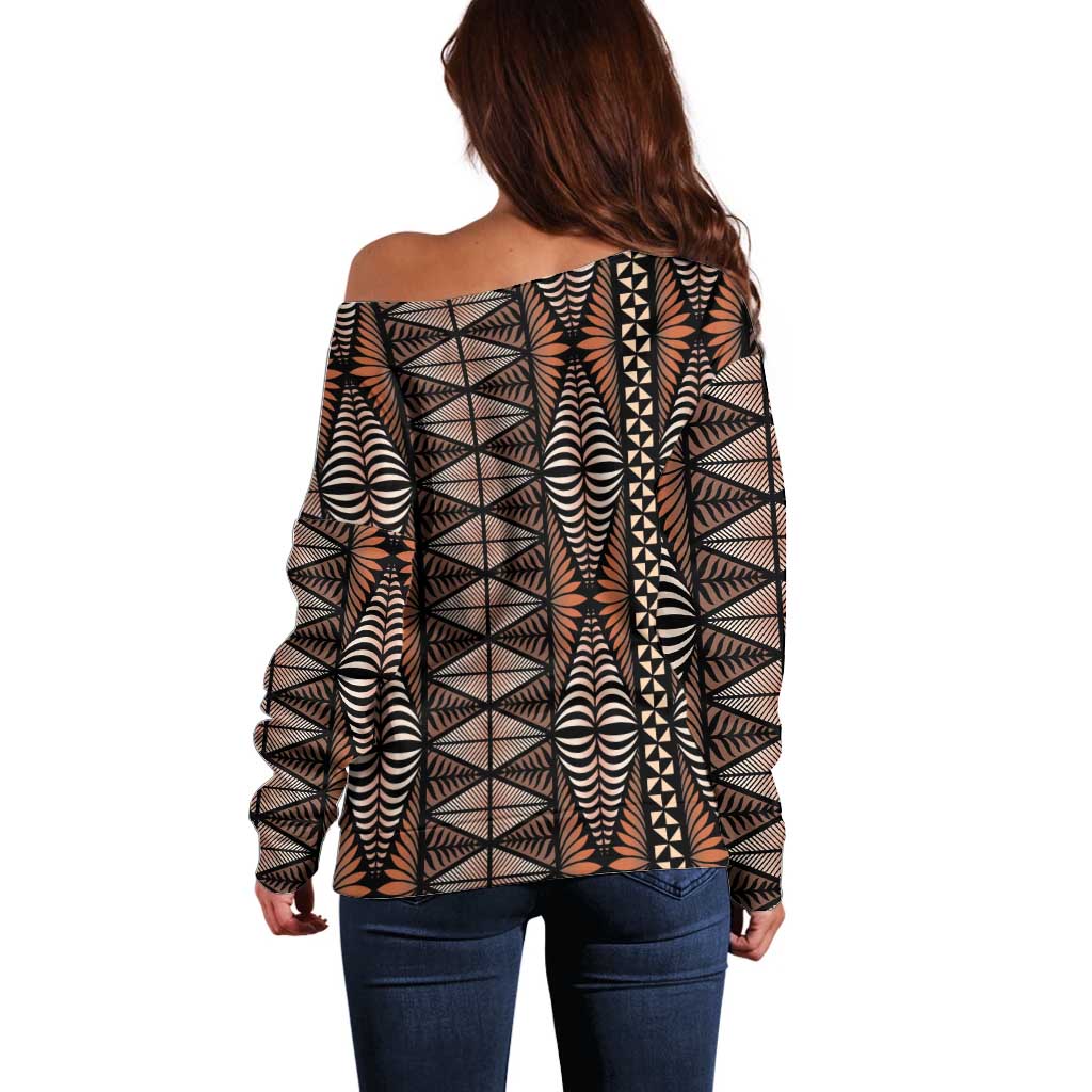 Malo e lelei Tonga Off Shoulder Sweater Tongan Ngatu Vintage Brown - Polynesian Pride