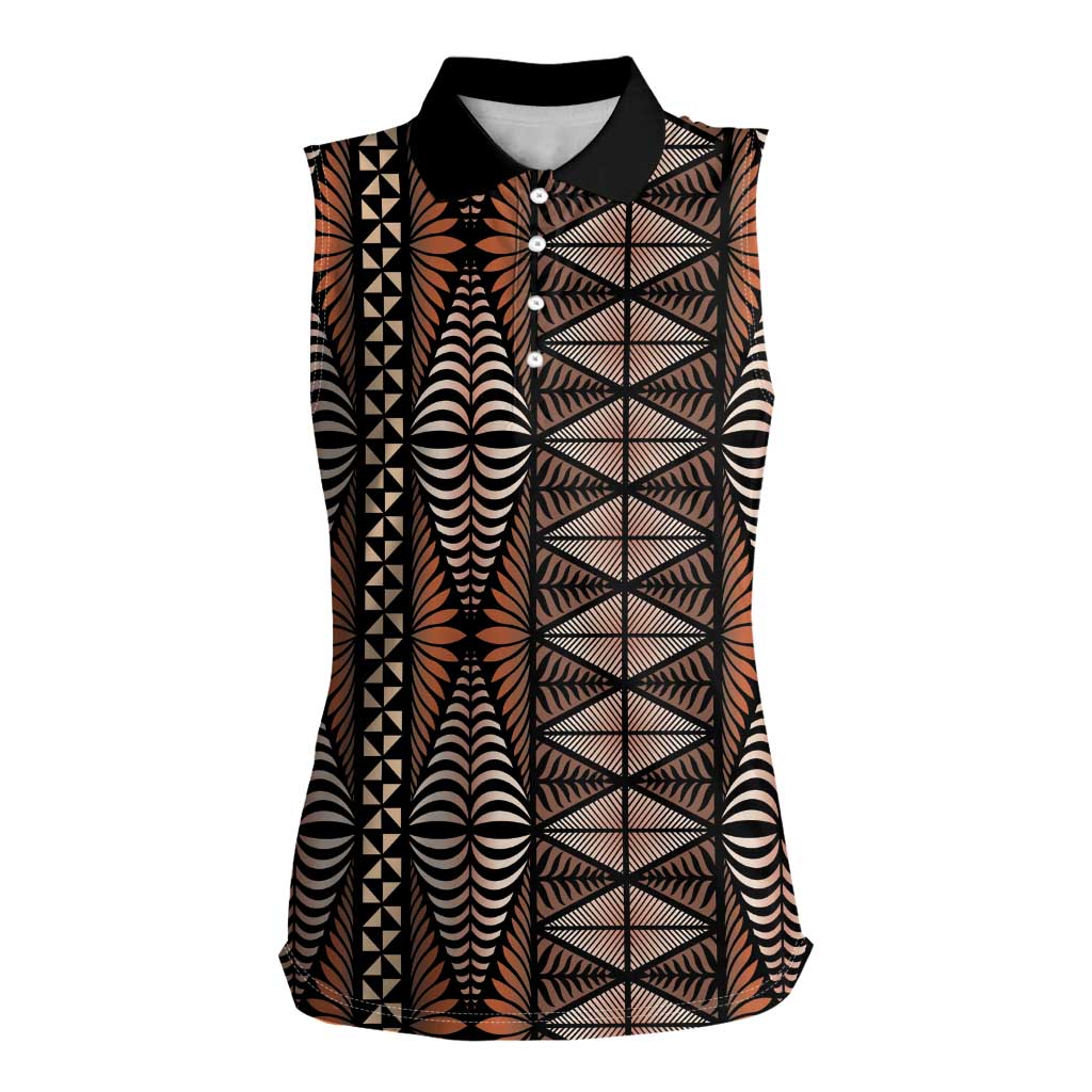 Malo e lelei Tonga Women Sleeveless Polo Shirt Tongan Ngatu Vintage Brown LT14 Female Brown - Polynesian Pride