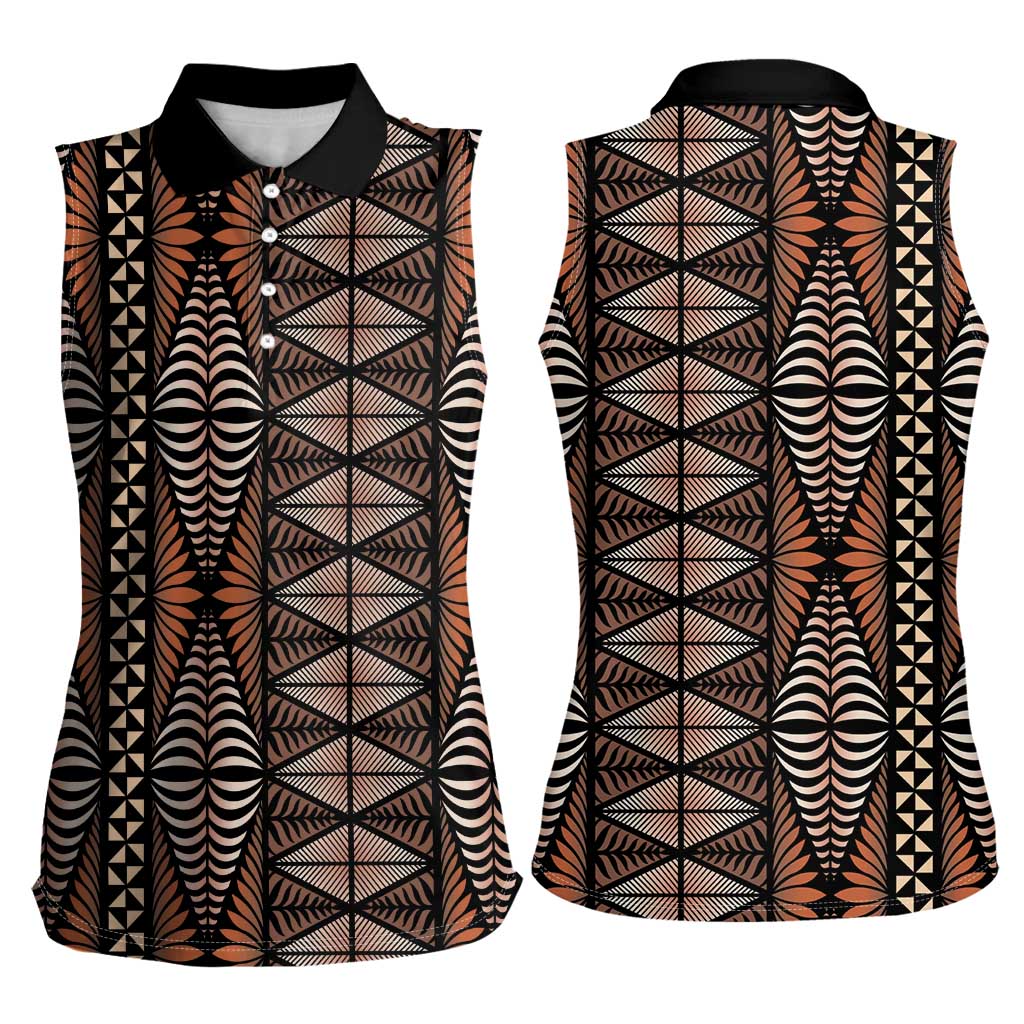 Malo e lelei Tonga Women Sleeveless Polo Shirt Tongan Ngatu Vintage Brown LT14 - Polynesian Pride