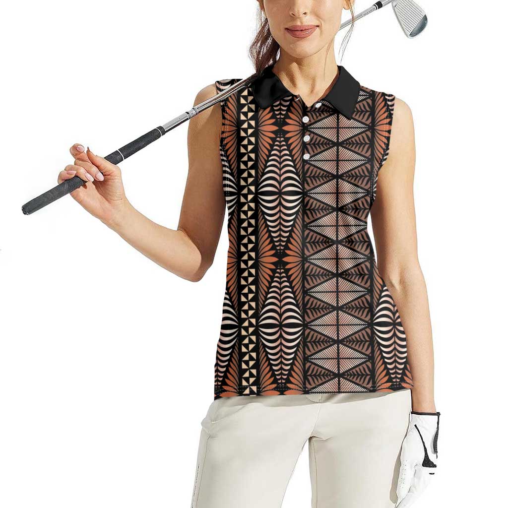 Malo e lelei Tonga Women Sleeveless Polo Shirt Tongan Ngatu Vintage Brown LT14 - Polynesian Pride