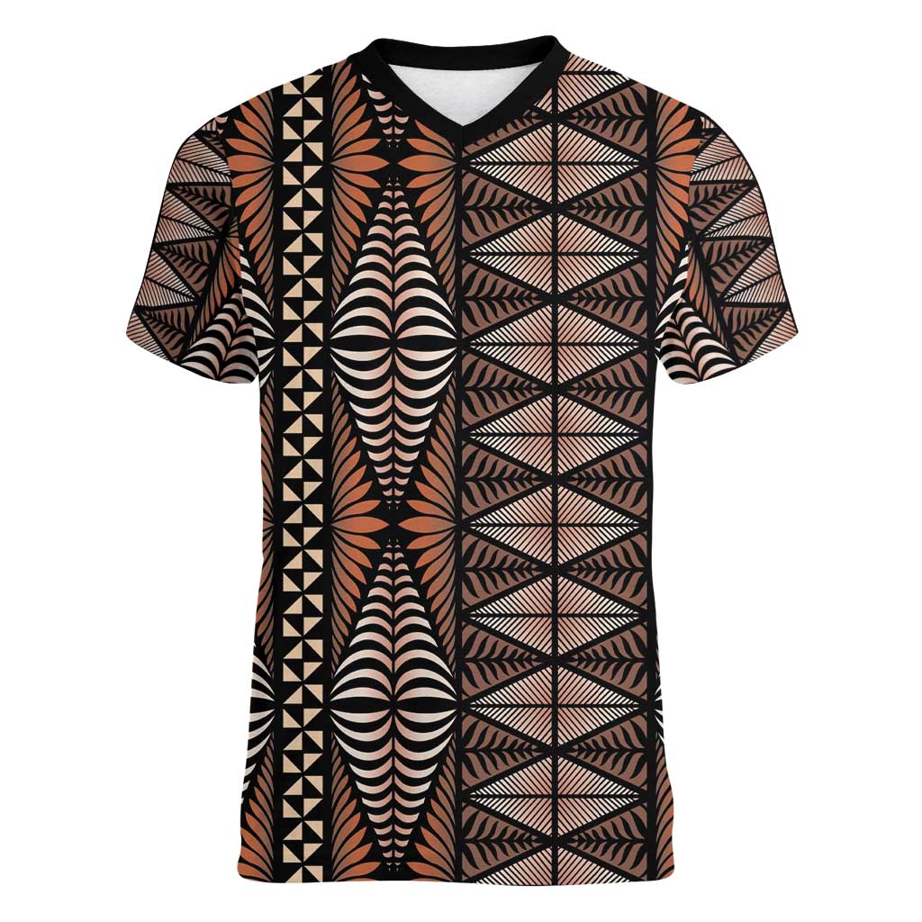 Malo e lelei Tonga Women V-Neck T-Shirt Tongan Ngatu Vintage Brown LT14 Female Brown - Polynesian Pride