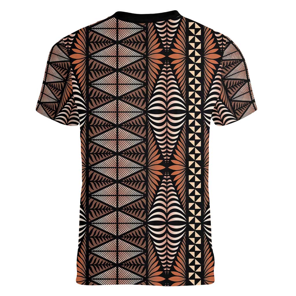 Malo e lelei Tonga Women V-Neck T-Shirt Tongan Ngatu Vintage Brown LT14 - Polynesian Pride