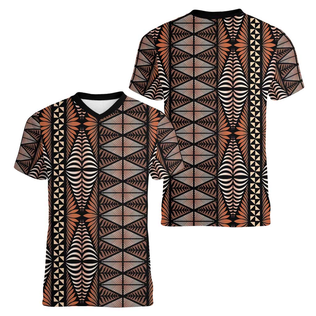 Malo e lelei Tonga Women V-Neck T-Shirt Tongan Ngatu Vintage Brown LT14 - Polynesian Pride