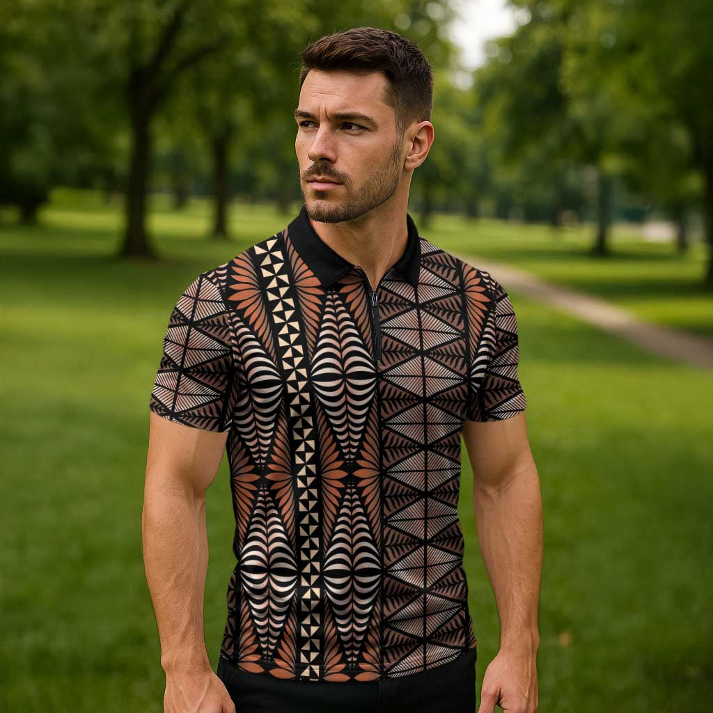 Malo e lelei Tonga Zipper Polo Shirt Tongan Ngatu Vintage Brown - Polynesian Pride