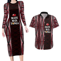 Tonga Rugby Personalised Couples Matching Long Sleeve Bodycon Dress and Hawaiian Shirt 2025 Mate Maa Tonga Ngatu Motif LT14 Red - Polynesian Pride
