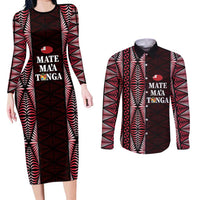 Tonga Rugby Personalised Couples Matching Long Sleeve Bodycon Dress and Long Sleeve Button Shirt 2025 Mate Maa Tonga Ngatu Motif LT14 Red - Polynesian Pride