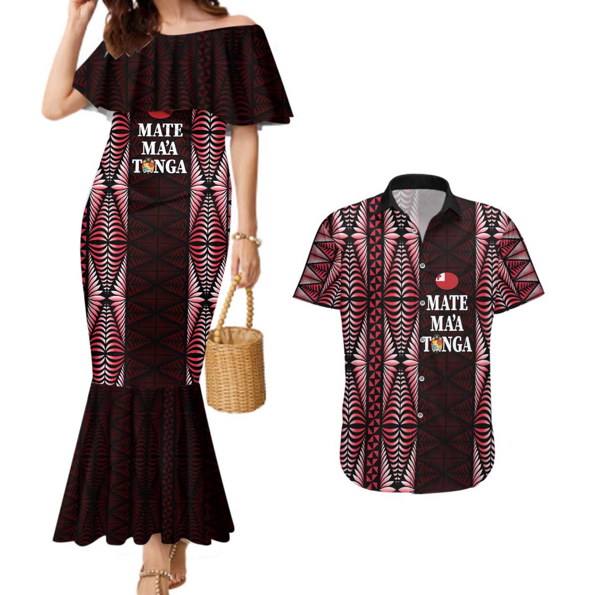 Tonga Rugby Personalised Couples Matching Mermaid Dress and Hawaiian Shirt 2025 Mate Maa Tonga Ngatu Motif LT14 Red - Polynesian Pride
