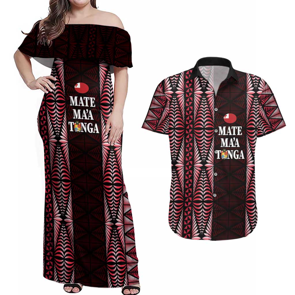 Tonga Rugby Personalised Couples Matching Off Shoulder Maxi Dress and Hawaiian Shirt 2025 Mate Maa Tonga Ngatu Motif LT14 Red - Polynesian Pride