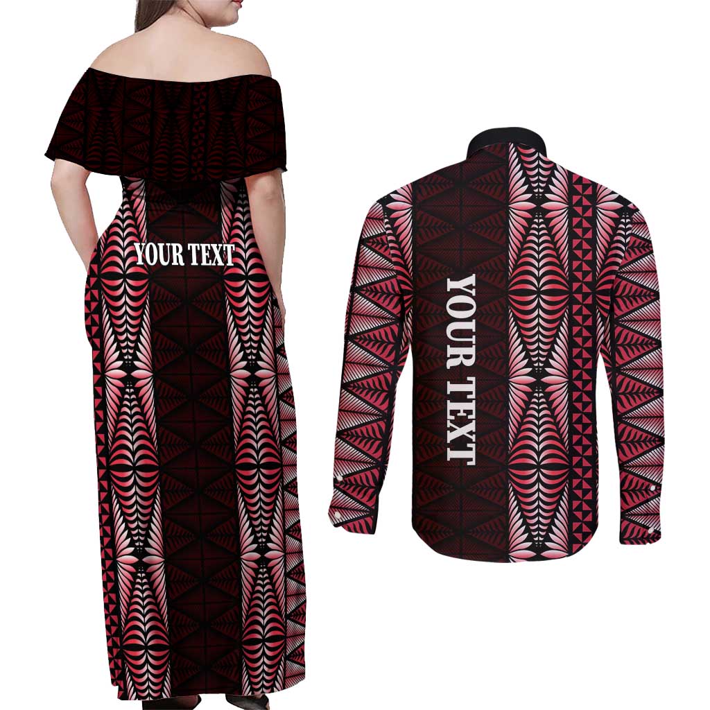 Tonga Rugby Personalised Couples Matching Off Shoulder Maxi Dress and Long Sleeve Button Shirt 2025 Mate Maa Tonga Ngatu Motif LT14 - Polynesian Pride