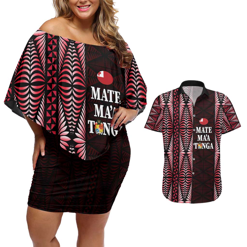 Tonga Rugby Personalised Couples Matching Off Shoulder Short Dress and Hawaiian Shirt 2025 Mate Maa Tonga Ngatu Motif LT14 Red - Polynesian Pride