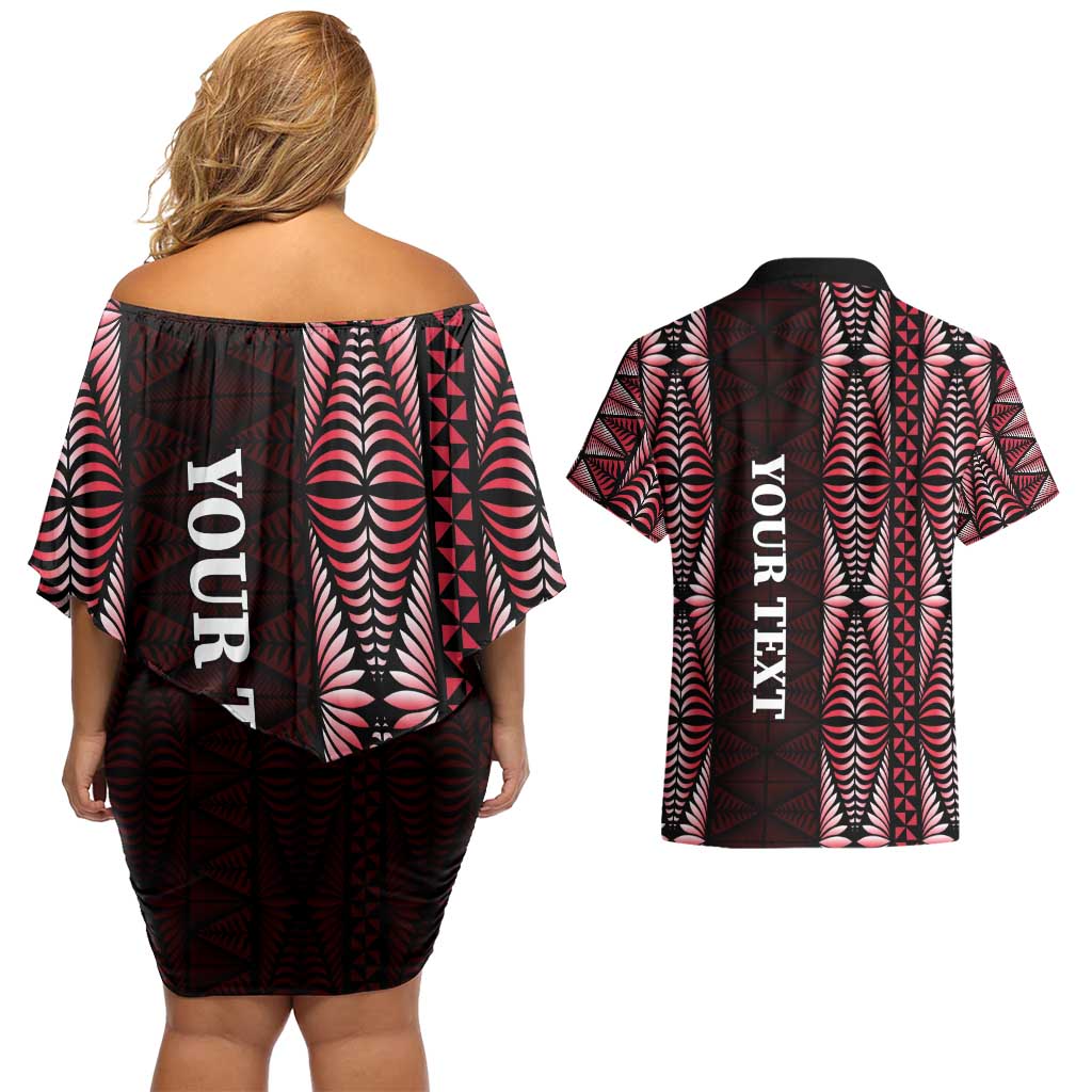 Tonga Rugby Personalised Couples Matching Off Shoulder Short Dress and Hawaiian Shirt 2025 Mate Maa Tonga Ngatu Motif LT14 - Polynesian Pride
