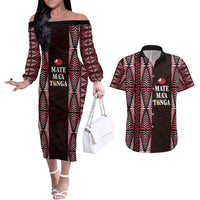 Tonga Rugby Personalised Couples Matching Off The Shoulder Long Sleeve Dress and Hawaiian Shirt 2025 Mate Maa Tonga Ngatu Motif LT14 Red - Polynesian Pride