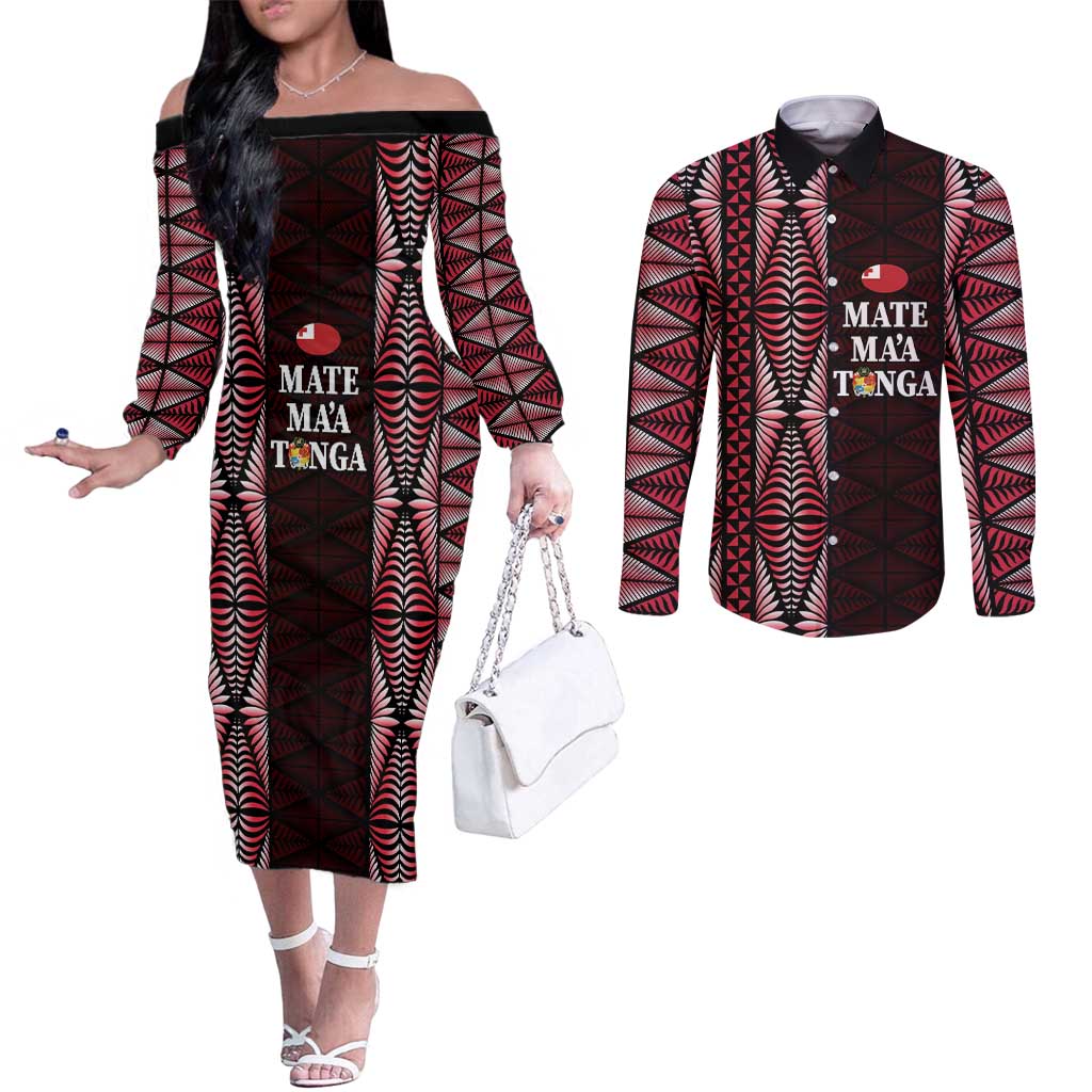 Tonga Rugby Personalised Couples Matching Off The Shoulder Long Sleeve Dress and Long Sleeve Button Shirt 2025 Mate Maa Tonga Ngatu Motif LT14 Red - Polynesian Pride