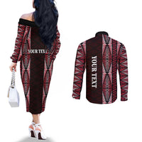 Tonga Rugby Personalised Couples Matching Off The Shoulder Long Sleeve Dress and Long Sleeve Button Shirt 2025 Mate Maa Tonga Ngatu Motif LT14 - Polynesian Pride