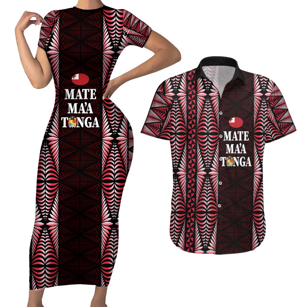 Tonga Rugby Personalised Couples Matching Short Sleeve Bodycon Dress and Hawaiian Shirt 2025 Mate Maa Tonga Ngatu Motif LT14 Red - Polynesian Pride
