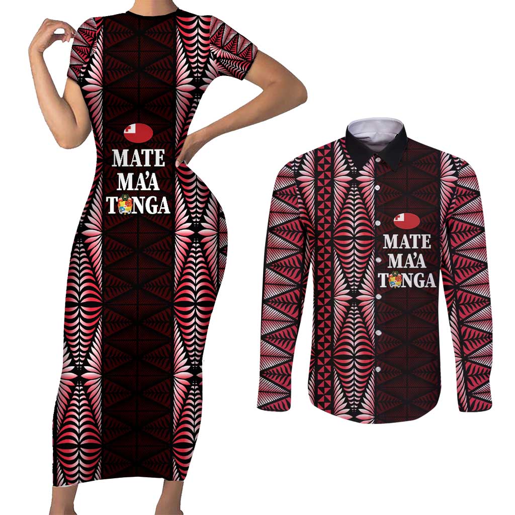 Tonga Rugby Personalised Couples Matching Short Sleeve Bodycon Dress and Long Sleeve Button Shirt 2025 Mate Maa Tonga Ngatu Motif LT14 Red - Polynesian Pride