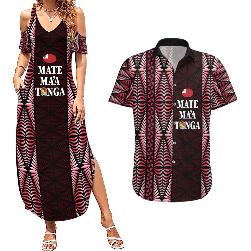 Tonga Rugby Personalised Couples Matching Summer Maxi Dress and Hawaiian Shirt 2025 Mate Maa Tonga Ngatu Motif LT14 Red - Polynesian Pride