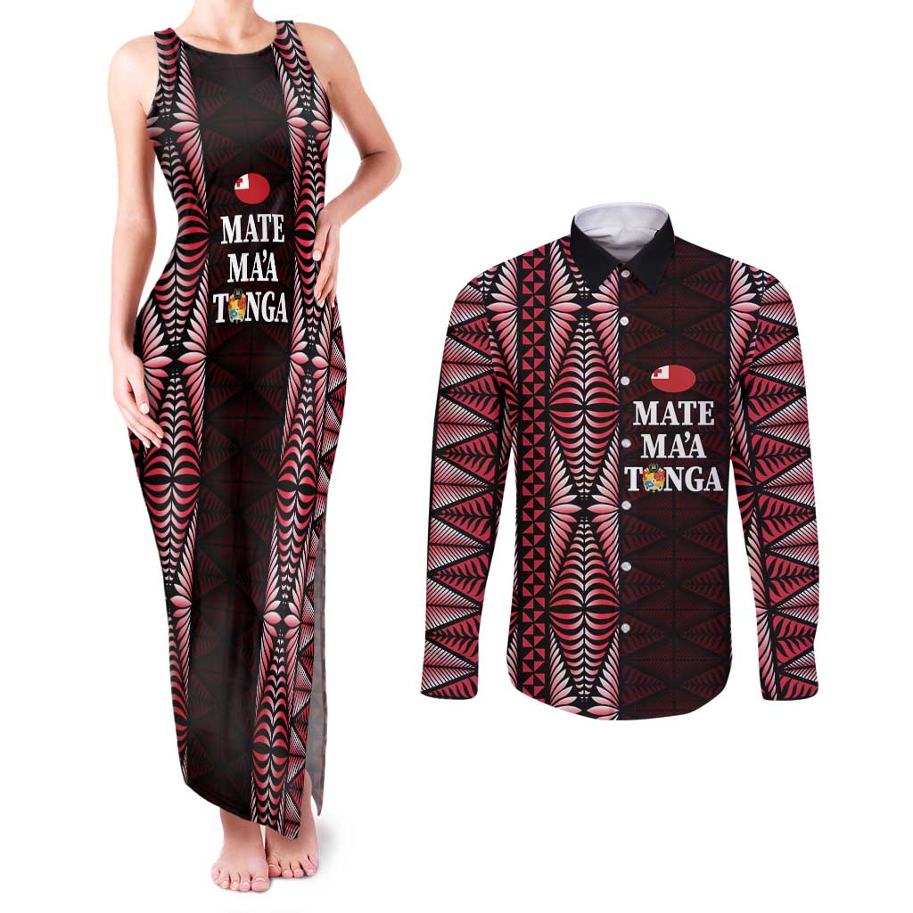 Tonga Rugby Personalised Couples Matching Tank Maxi Dress and Long Sleeve Button Shirt 2025 Mate Maa Tonga Ngatu Motif LT14 Red - Polynesian Pride