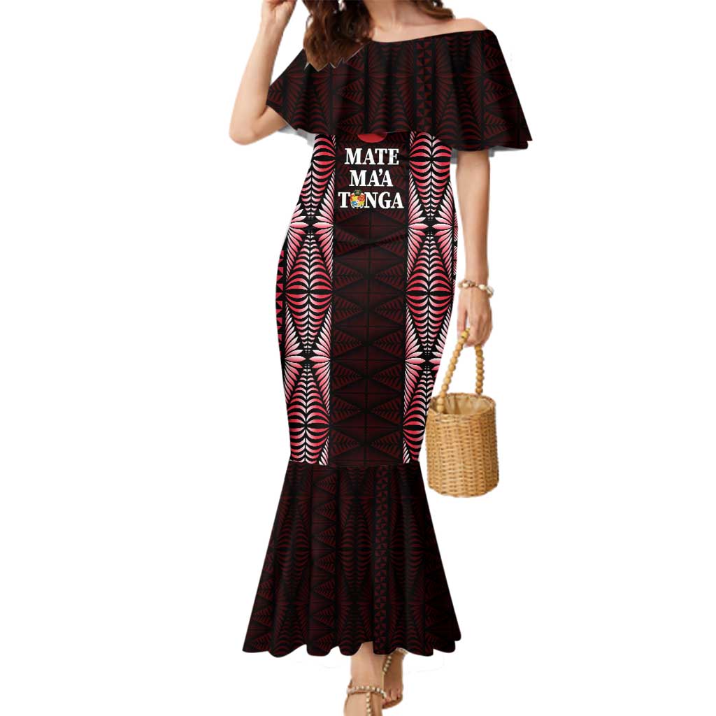 Tonga Rugby Personalised Family Matching Mermaid Dress and Hawaiian Shirt 2025 Mate Maa Tonga Ngatu Motif LT14 Mom's Dress Red - Polynesian Pride