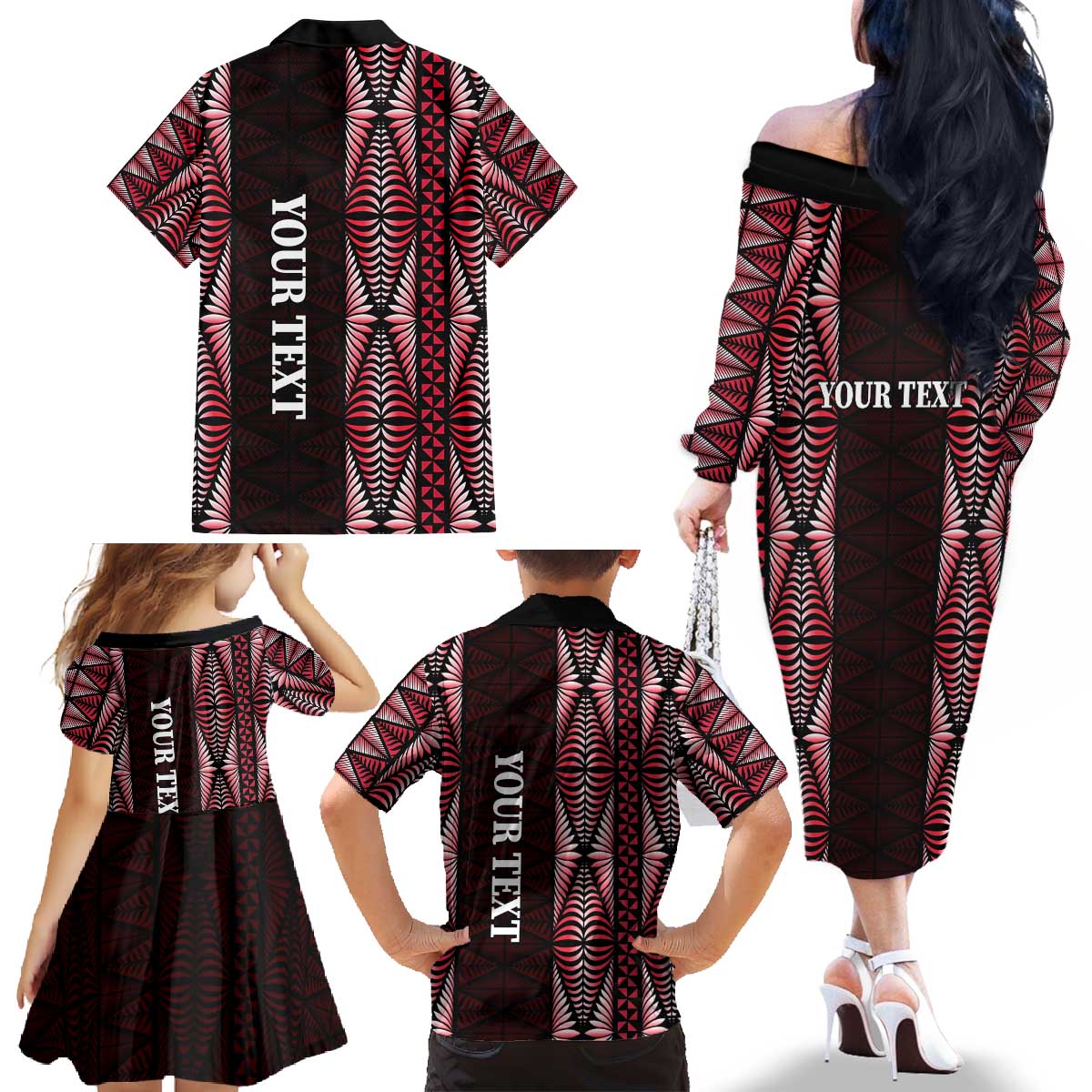 Tonga Rugby Personalised Family Matching Off The Shoulder Long Sleeve Dress and Hawaiian Shirt 2025 Mate Maa Tonga Ngatu Motif LT14 - Polynesian Pride