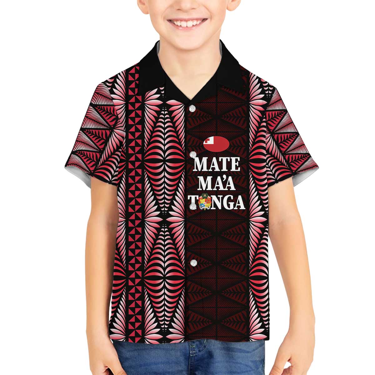 Tonga Rugby Personalised Family Matching Off The Shoulder Long Sleeve Dress and Hawaiian Shirt 2025 Mate Maa Tonga Ngatu Motif LT14 Son's Shirt Red - Polynesian Pride