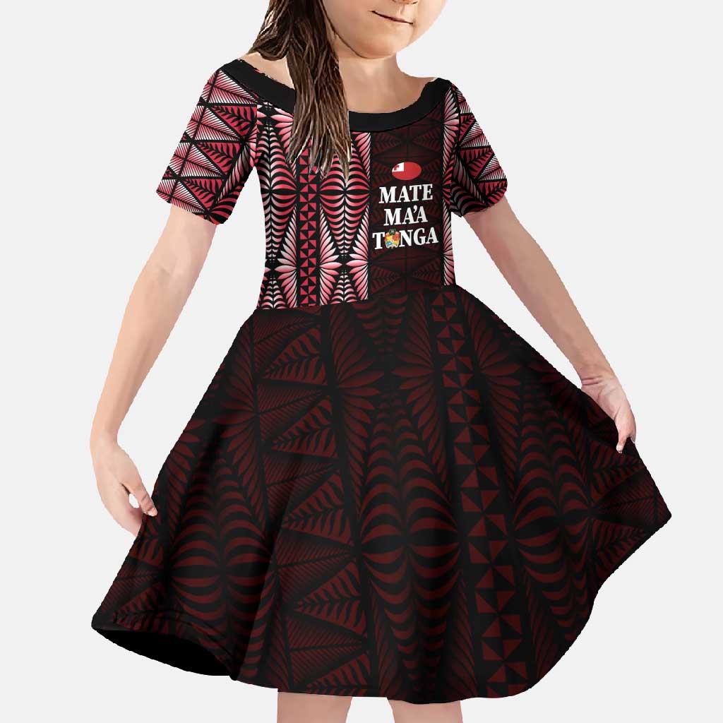 Tonga Rugby Personalised Family Matching Off Shoulder Maxi Dress and Hawaiian Shirt 2025 Mate Maa Tonga Ngatu Motif LT14 Daughter's Dress Red - Polynesian Pride