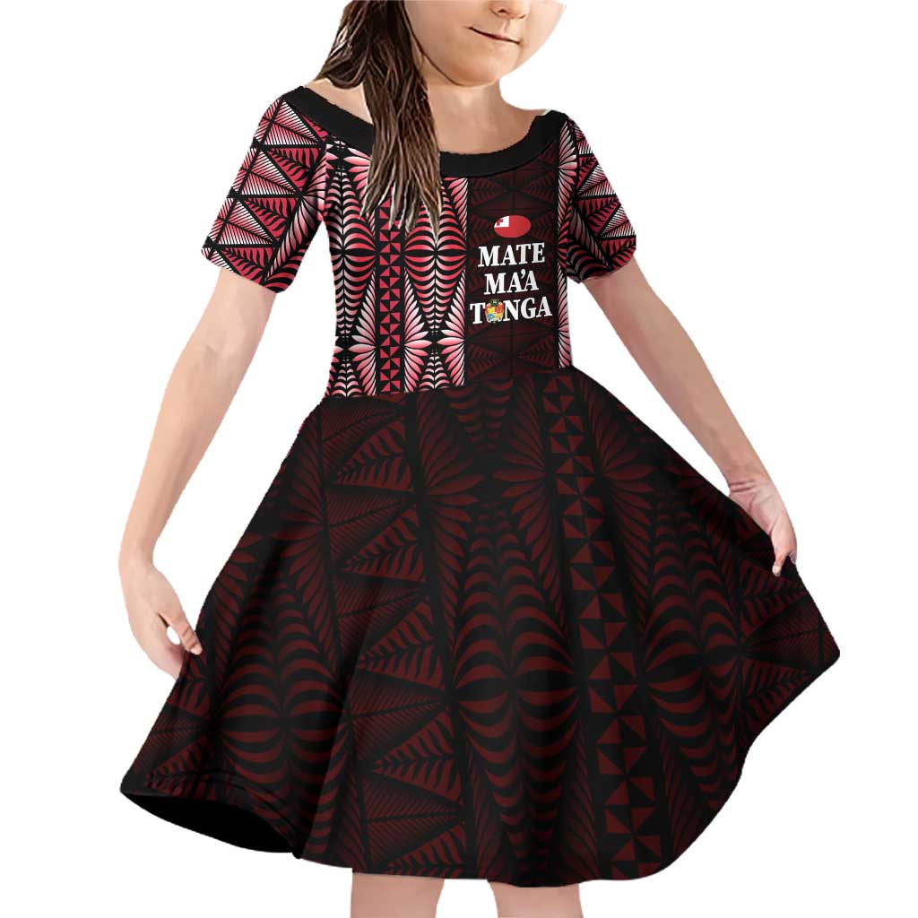 Tonga Rugby Personalised Family Matching Off Shoulder Short Dress and Hawaiian Shirt 2025 Mate Maa Tonga Ngatu Motif LT14 Daughter's Dress Red - Polynesian Pride