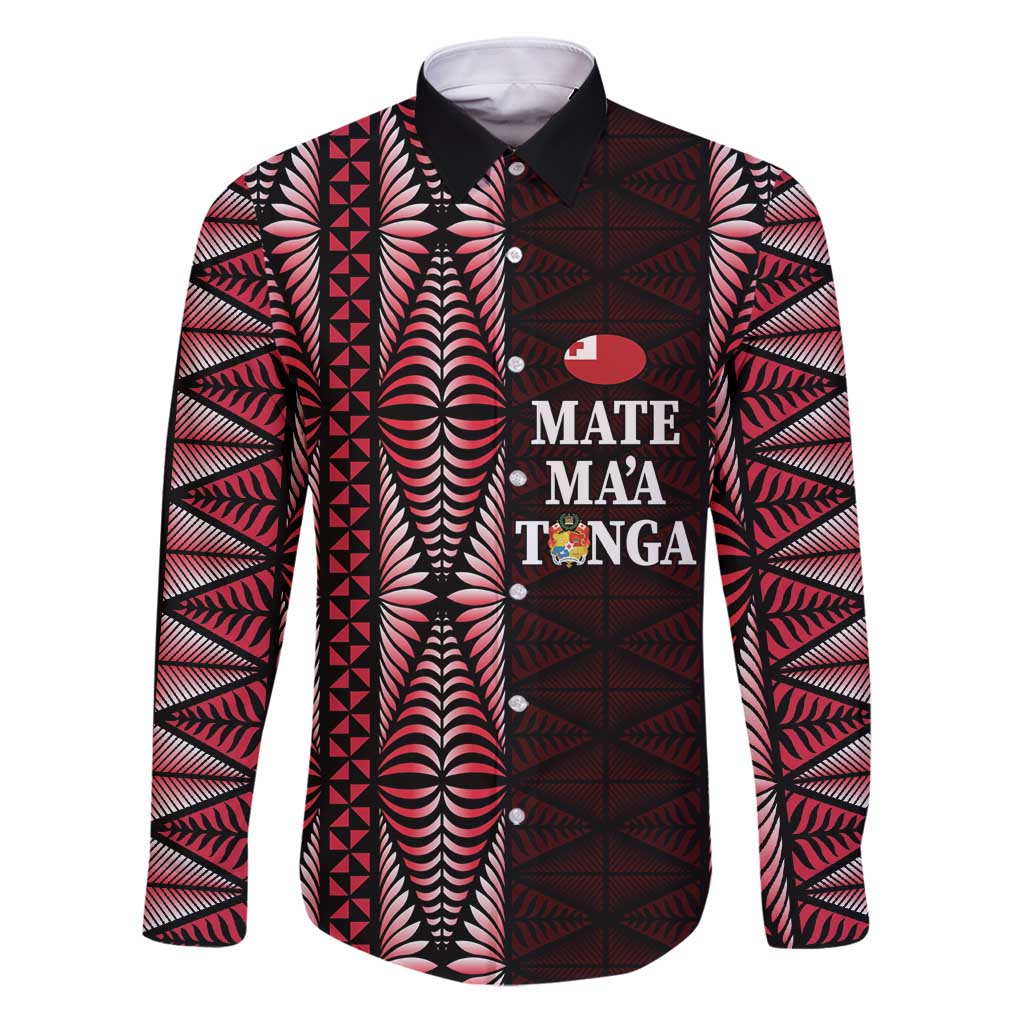 Tonga Rugby Personalised Family Matching Puletasi and Hawaiian Shirt 2025 Mate Maa Tonga Ngatu Motif LT14 Dad's Shirt - Long Sleeve Red - Polynesian Pride