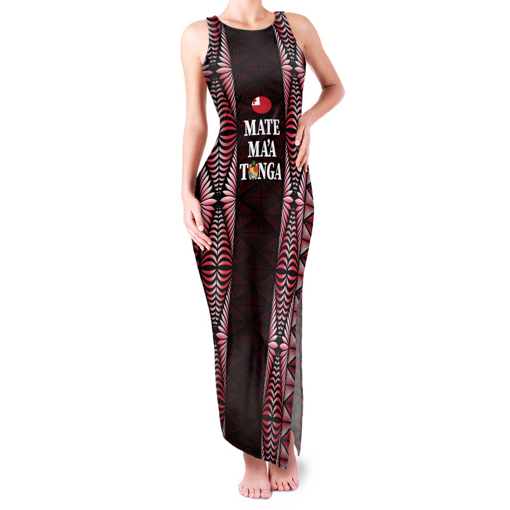 Tonga Rugby Personalised Family Matching Tank Maxi Dress and Hawaiian Shirt 2025 Mate Maa Tonga Ngatu Motif LT14 Mom's Dress Red - Polynesian Pride