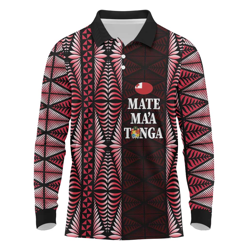 Tonga Rugby Personalised Long Sleeve Polo Shirt 2025 Mate Maa Tonga Ngatu Motif LT14 Red - Polynesian Pride