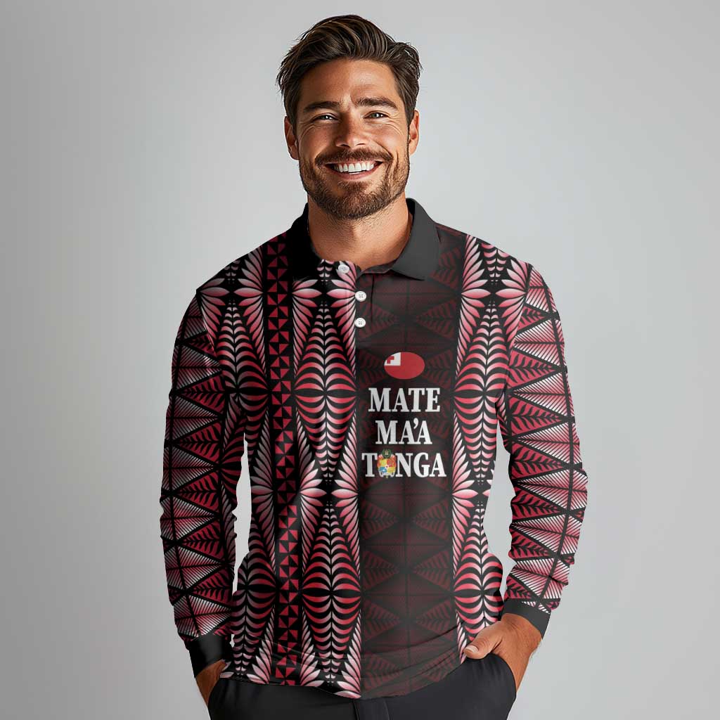 Tonga Rugby Personalised Long Sleeve Polo Shirt 2025 Mate Maa Tonga Ngatu Motif LT14 - Polynesian Pride