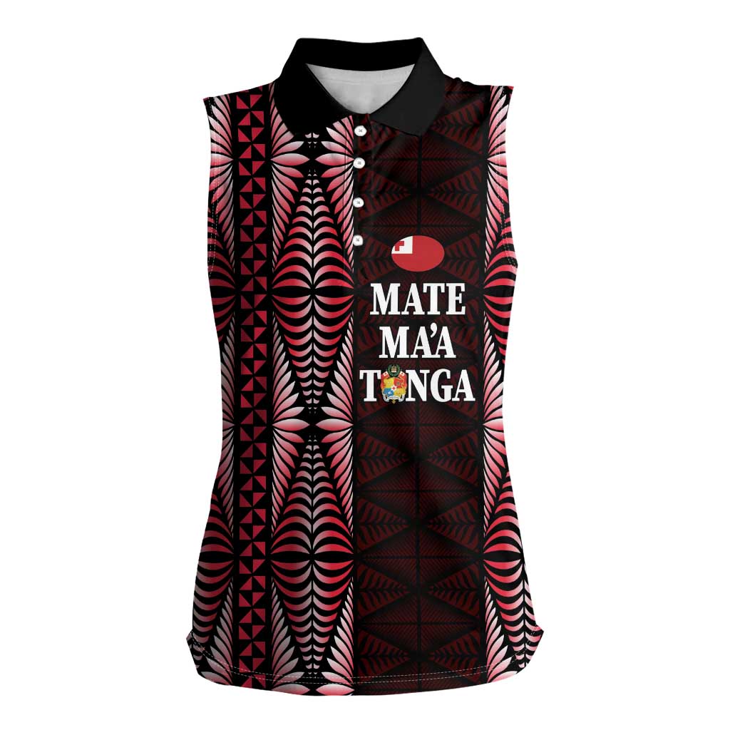 Tonga Rugby Personalised Women Sleeveless Polo Shirt 2025 Mate Maa Tonga Ngatu Motif LT14 Female Red - Polynesian Pride