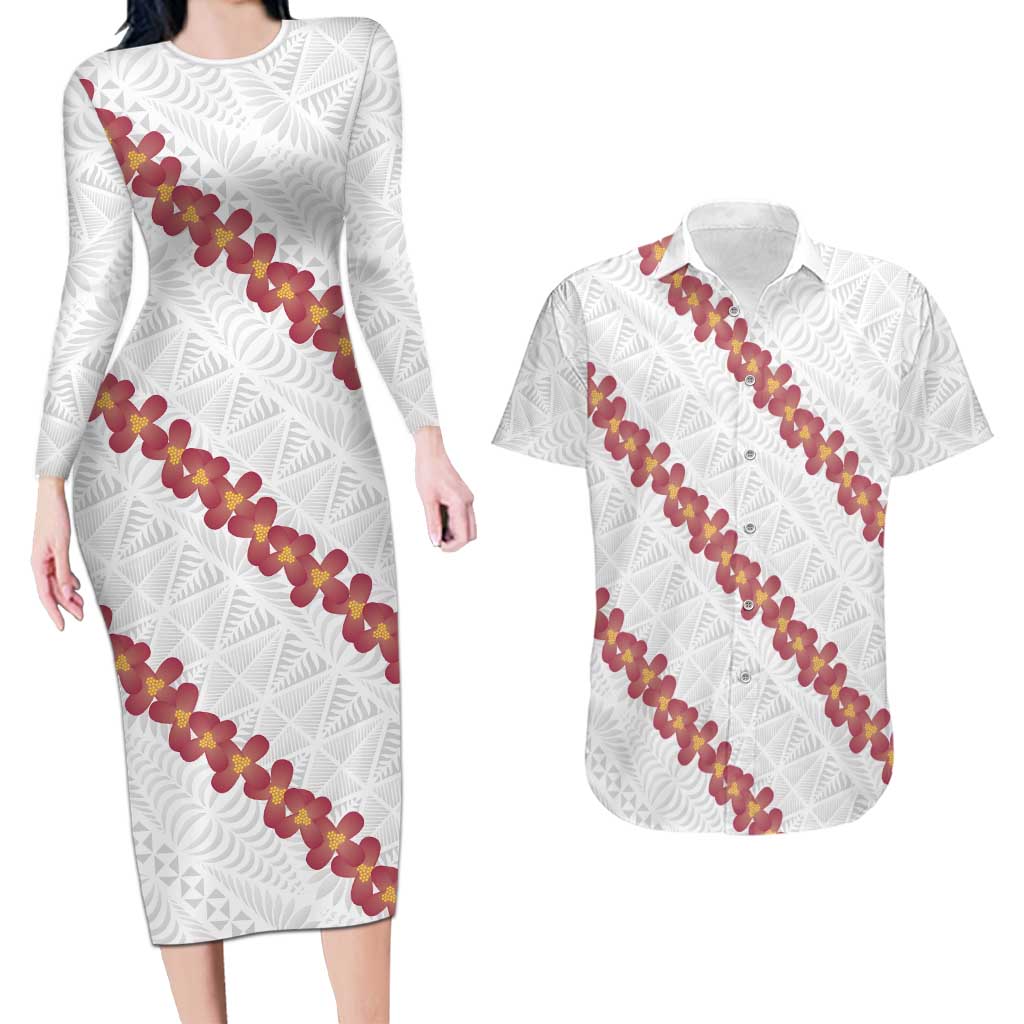 White Sunday Tonga Fakame Couples Matching Long Sleeve Bodycon Dress and Hawaiian Shirt Tongan Ngatu Heilala Lei LT14 White - Polynesian Pride
