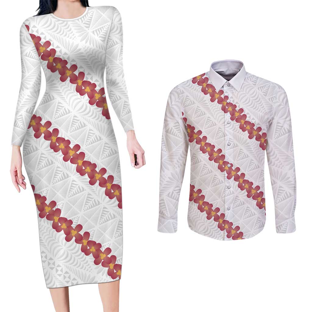 White Sunday Tonga Fakame Couples Matching Long Sleeve Bodycon Dress and Long Sleeve Button Shirt Tongan Ngatu Heilala Lei LT14 White - Polynesian Pride