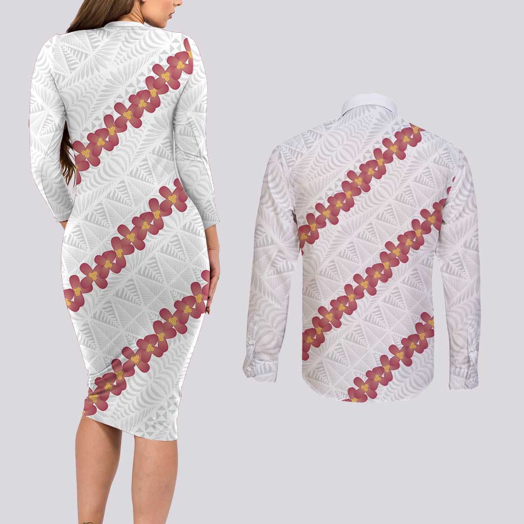 White Sunday Tonga Fakame Couples Matching Long Sleeve Bodycon Dress and Long Sleeve Button Shirt Tongan Ngatu Heilala Lei LT14 - Polynesian Pride