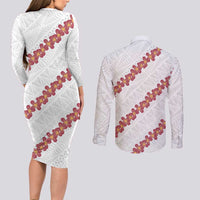 White Sunday Tonga Fakame Couples Matching Long Sleeve Bodycon Dress and Long Sleeve Button Shirt Tongan Ngatu Heilala Lei LT14 - Polynesian Pride