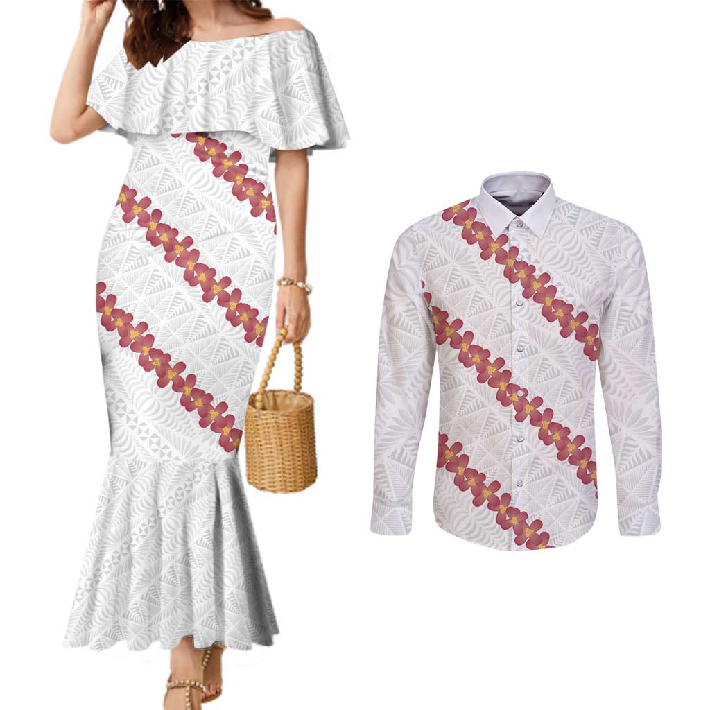 White Sunday Tonga Fakame Couples Matching Mermaid Dress and Long Sleeve Button Shirt Tongan Ngatu Heilala Lei LT14 White - Polynesian Pride