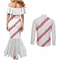 White Sunday Tonga Fakame Couples Matching Mermaid Dress and Long Sleeve Button Shirt Tongan Ngatu Heilala Lei LT14 - Polynesian Pride