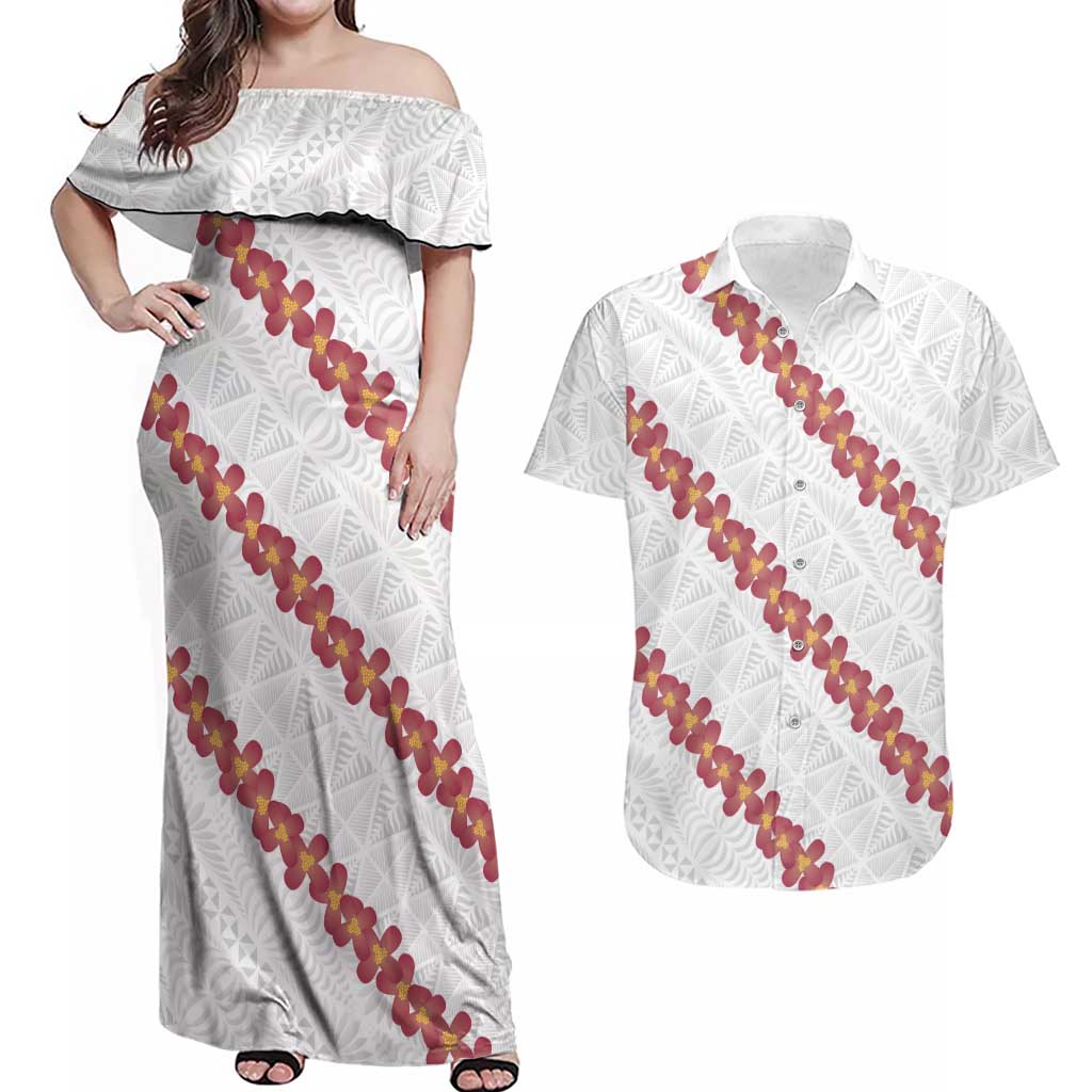 White Sunday Tonga Fakame Couples Matching Off Shoulder Maxi Dress and Hawaiian Shirt Tongan Ngatu Heilala Lei LT14 White - Polynesian Pride