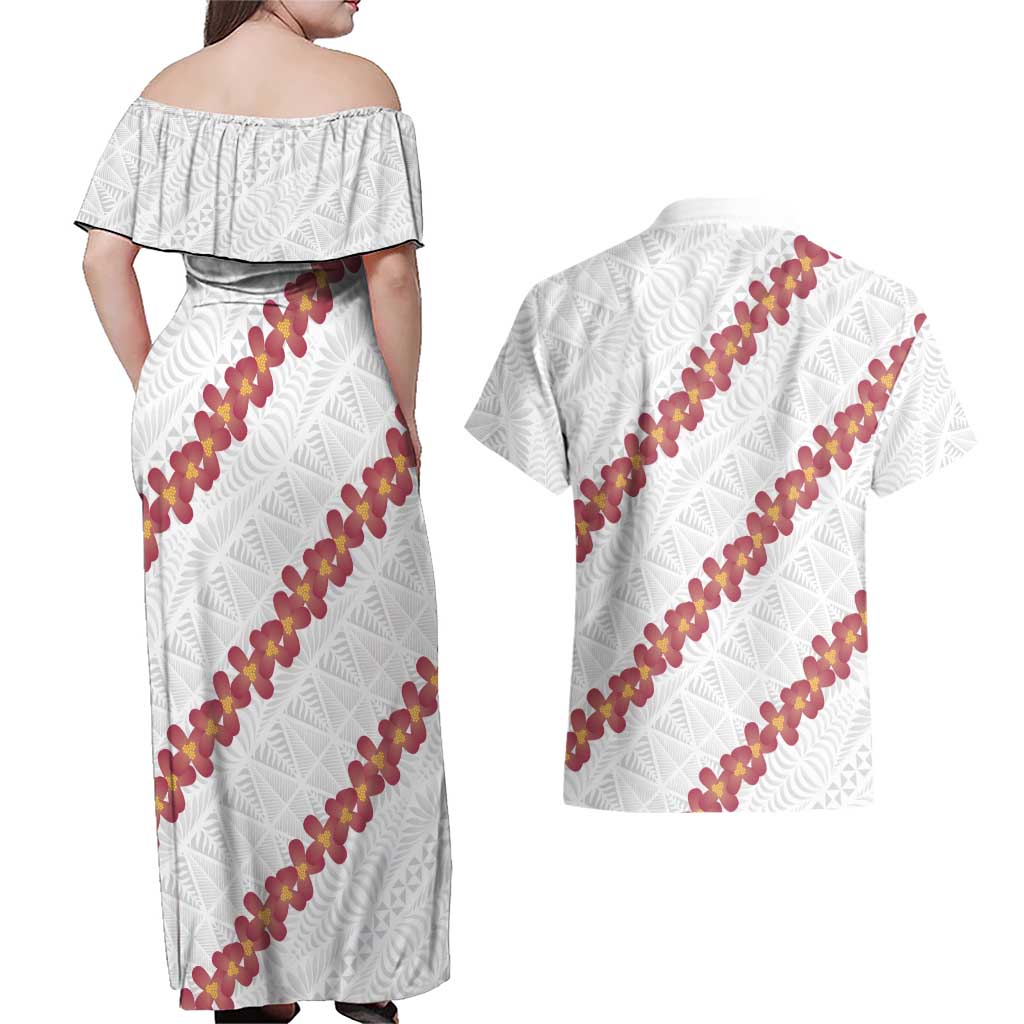 White Sunday Tonga Fakame Couples Matching Off Shoulder Maxi Dress and Hawaiian Shirt Tongan Ngatu Heilala Lei LT14 - Polynesian Pride