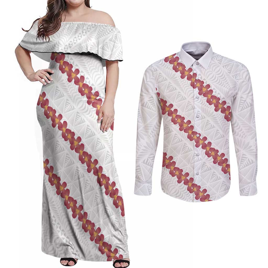 White Sunday Tonga Fakame Couples Matching Off Shoulder Maxi Dress and Long Sleeve Button Shirt Tongan Ngatu Heilala Lei LT14 White - Polynesian Pride